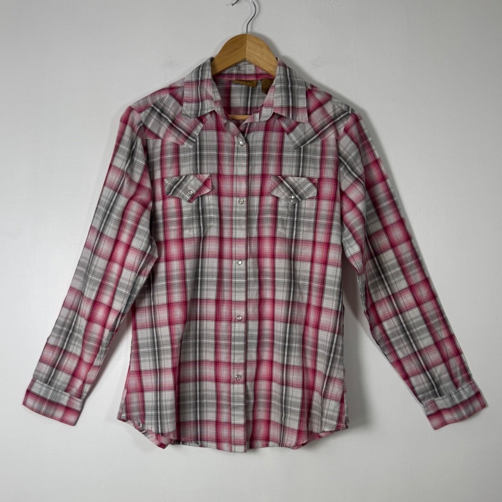 Western Cowgirl Wrangler Womens Medium Snap Front Shirt Pink Grey Plaid LW001RA‎